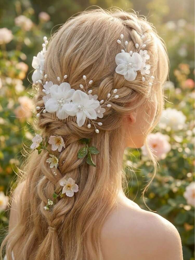 Light Blonde Braid With Fabric Flowers — Bridal Hair Accessories