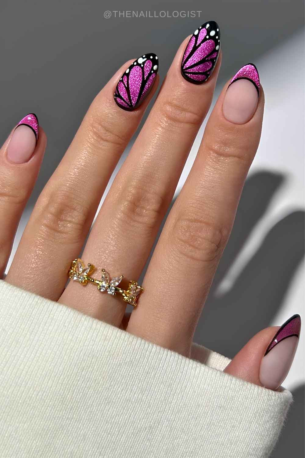 Pink Glitter Butterfly French Tip Almond Pink Glitter Butterfly French Tip Almond — Butterfly Nails