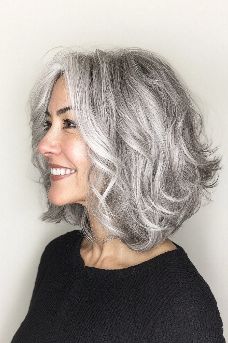 Wavy Gray Bob With Loose Curls