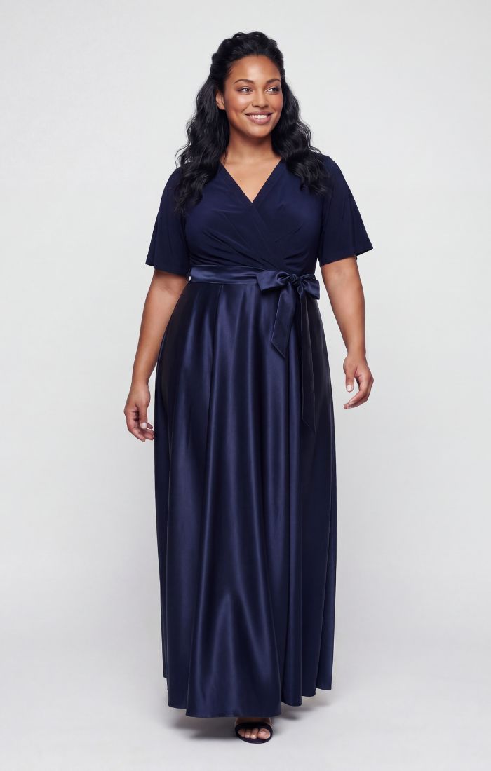 Navy Blue Wrap Dress with Contrasting Satin Maxi Skirt Navy Blue Wrap Dress with Contrasting Satin Maxi Skirt — Mother of the Bride Dresses