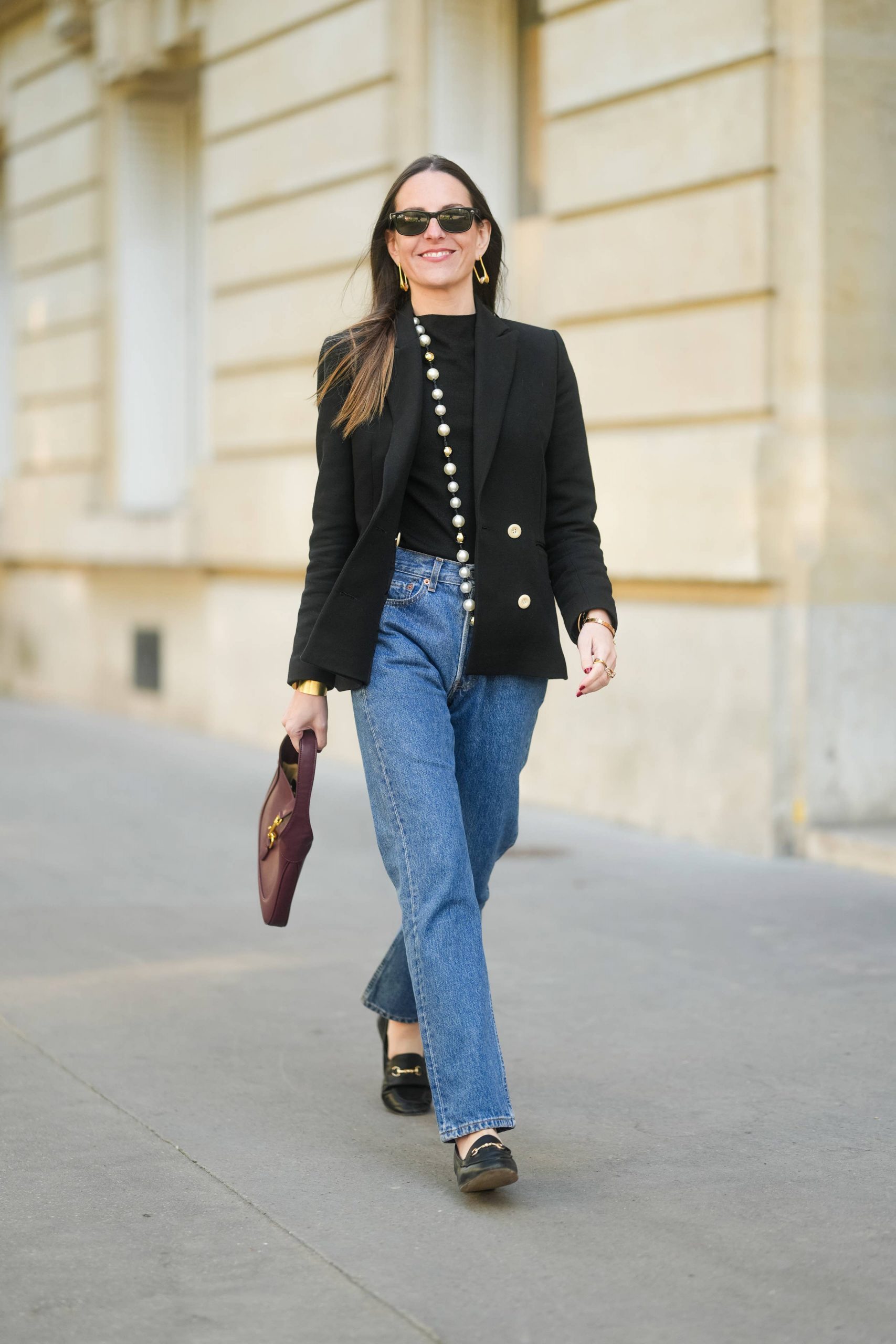 Double-Breasted Blazer and Pearl Necklace — Straight Leg Jeans Outfits