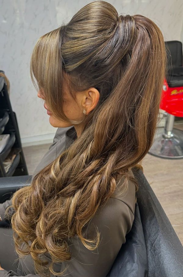 Dark Brown Ponytail with Honey Highlights and Curls — Ponytail with Bangs