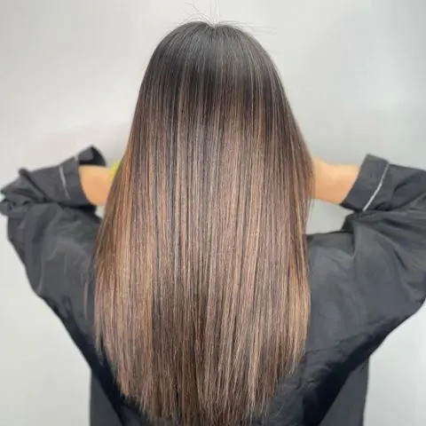 Long Layers Mid Back Dark Brown Base With Caramel Balayage — Balayage Straight Hair