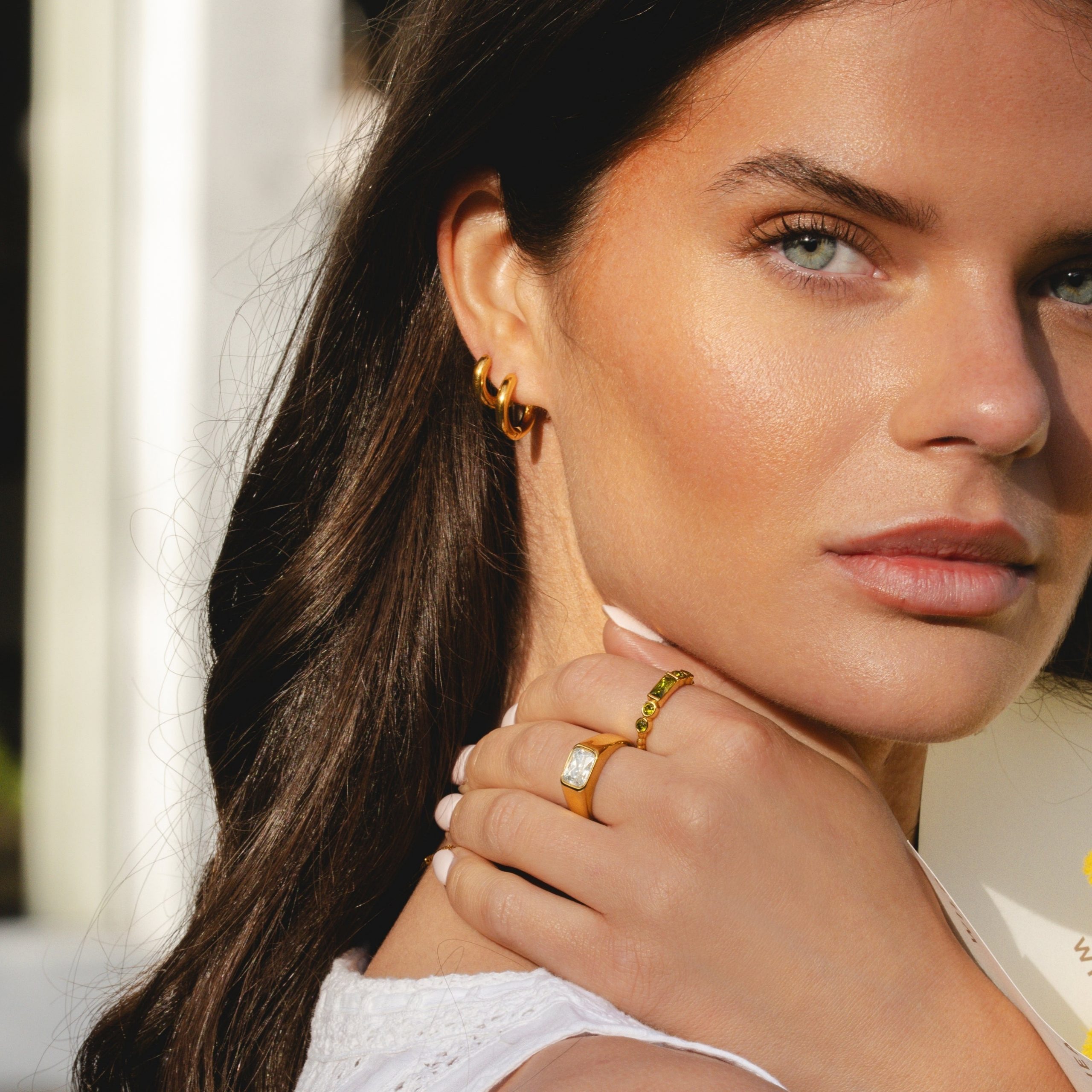 Thick Twisted Gold Hoops with Gemstone Ring — Hoop Earrings