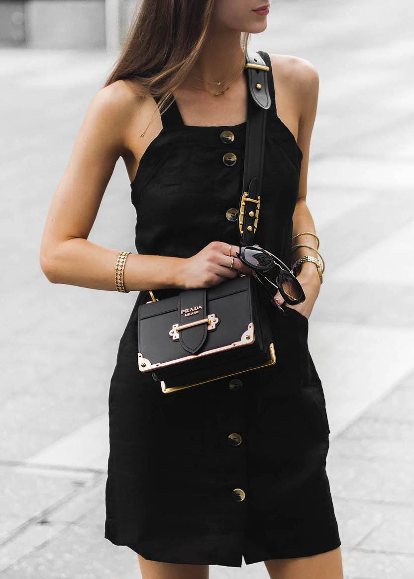 Chic Prada Cahier Bag with Black Button-Up Dress Chic Prada Cahier Bag with Black Button-Up Dress — Prada Bag Outfits