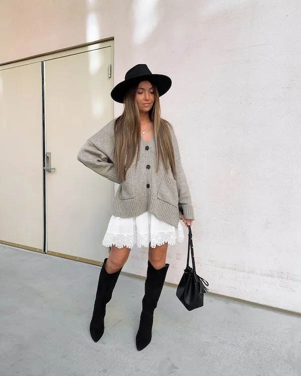 Black Cowboy Boots with Lace-Trimmed Mini Dress and Grey Cardigan — Cowboy Boots Outfits