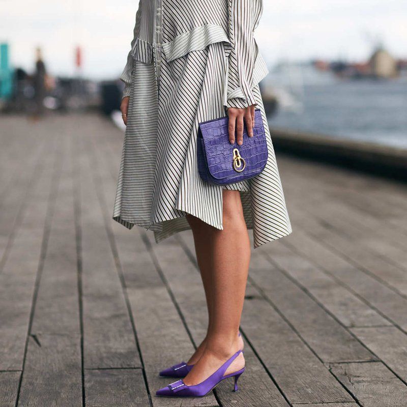 Asymmetric Striped Dress with Vibrant Purple Slingbacks and Matching Clutch — Slingback Heels Outfits