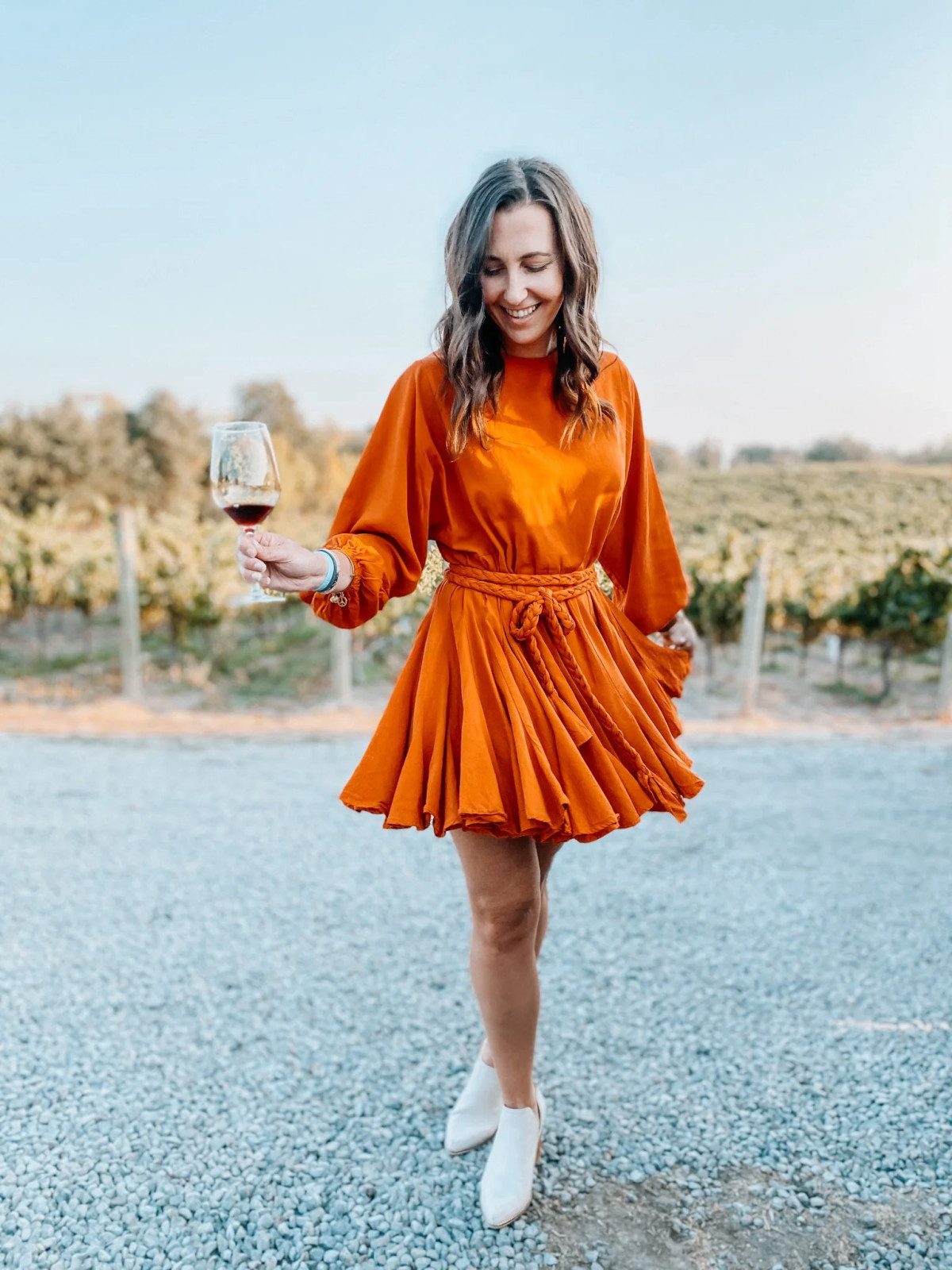 Burnt Orange Satin Mini Dress with Braided Belt for Wine Tasting Burnt Orange Satin Mini Dress with Braided Belt for Wine Tasting — Wine Tasting Outfits