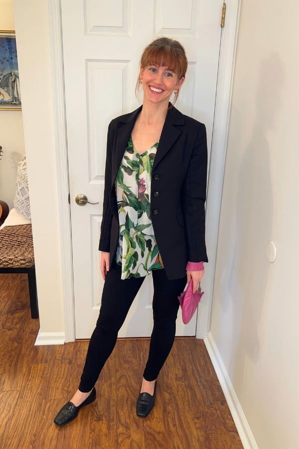 Black Blazer with Floral Top and Loafers for Court Black Blazer with Floral Top and Loafers for Court — Court Outfits