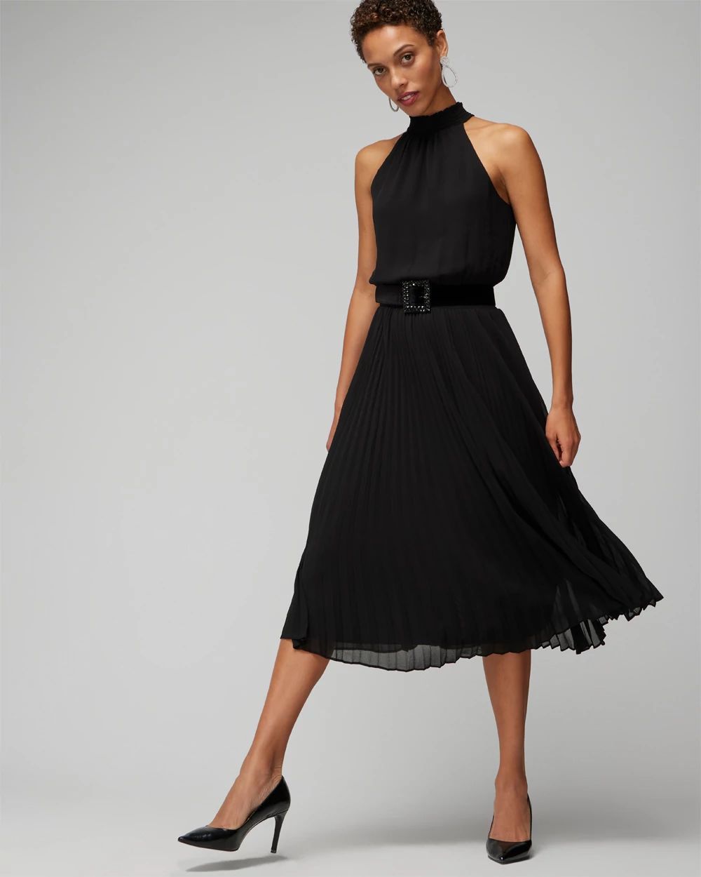 Black Pleated Halter Midi Dress with Embellished Belt — Halter Dresses