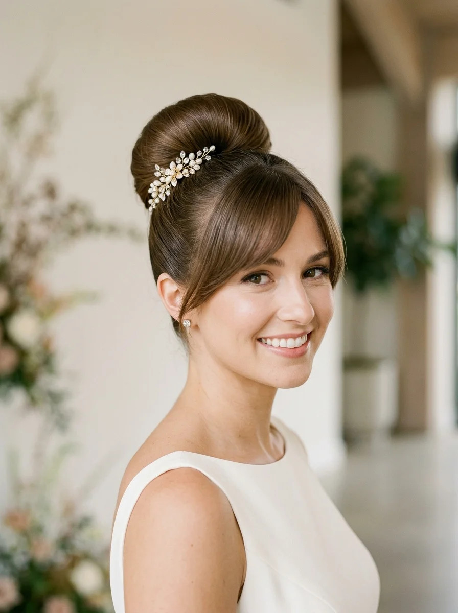 High Polished Bun with Curtain Bangs High Polished Bun with Curtain Bangs — Low Bun with Curtain Bangs