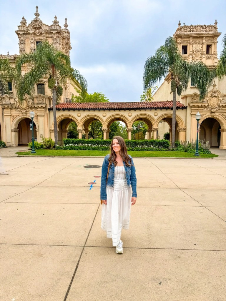 White Midi Dress and Denim Jacket at Balboa Park — San Diego Outfits