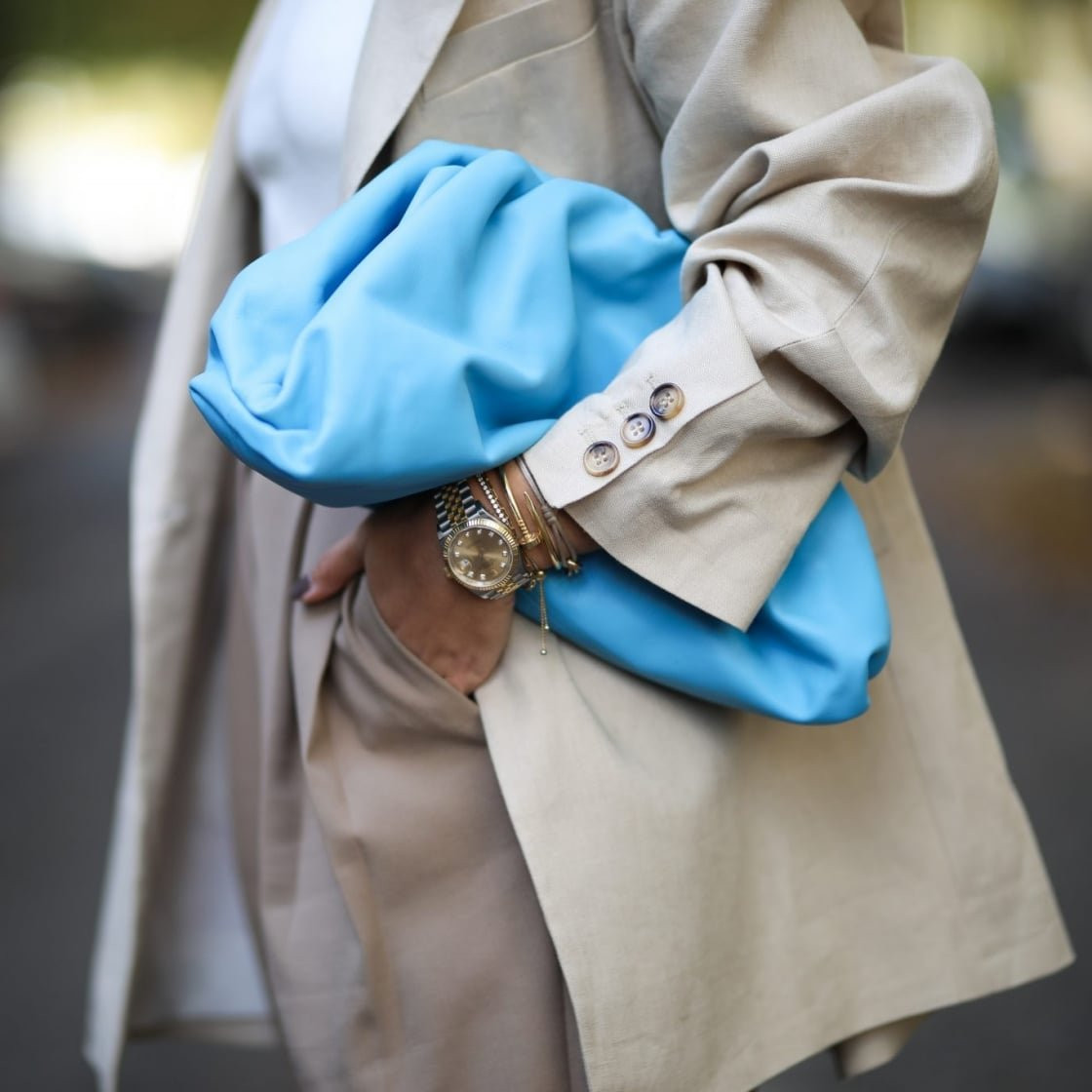Oversized Light Blue Clutch with Neutral Trousers and Blazer — Clutch Outfits