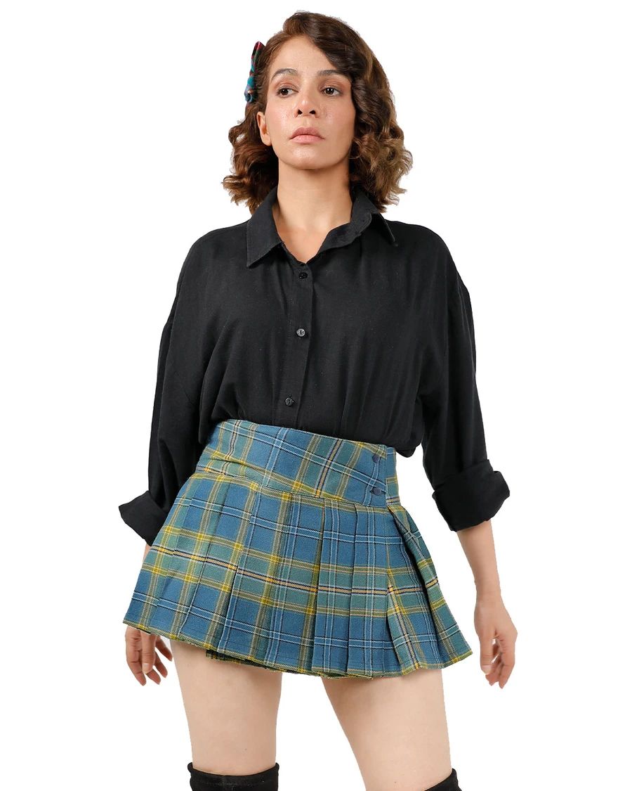 Bright Plaid Skirt with Oversized Shirt and Thigh-High Socks Bright Plaid Skirt with Oversized Shirt and Thigh-High Socks — Plaid Skirts