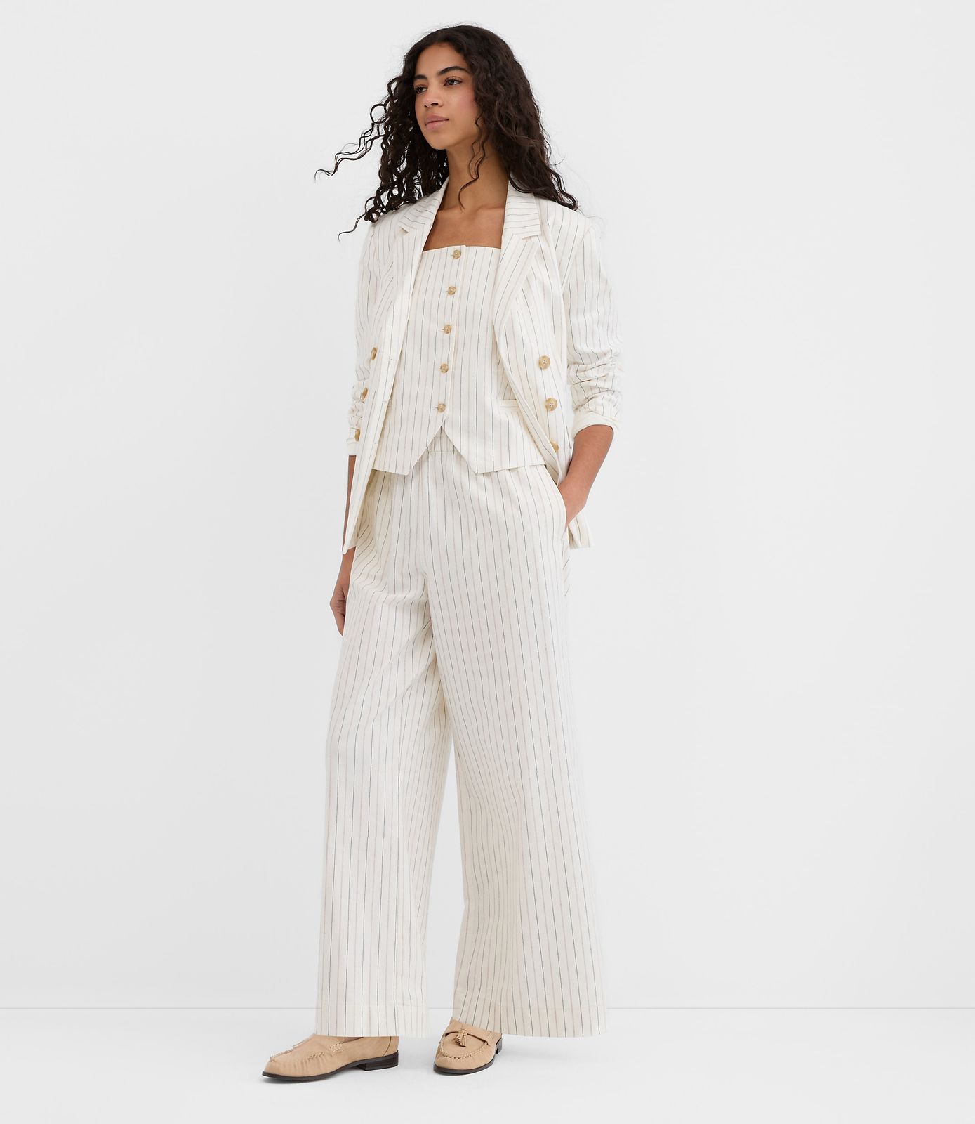 Loft Pull On Wide Leg Pants in Pinstripe Cotton Linen Size XL Whisper White Women's