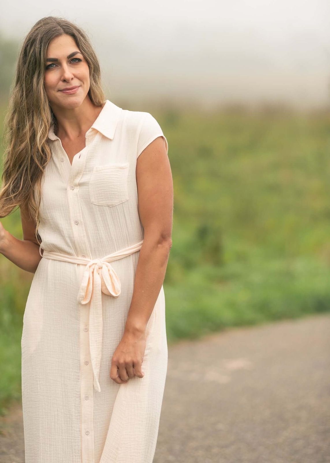 Pale Pink Gauze-Like Midi Shirt Dress with Belt — Nursing Friendly Dresses