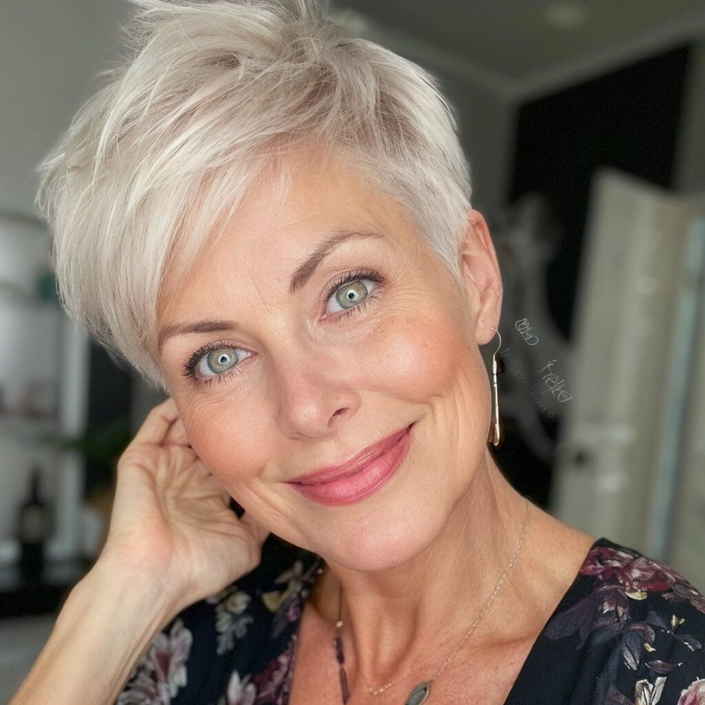 Textured Platinum Pixie Cut Textured Platinum Pixie Cut — Hairstyles for Receding Hairline Women