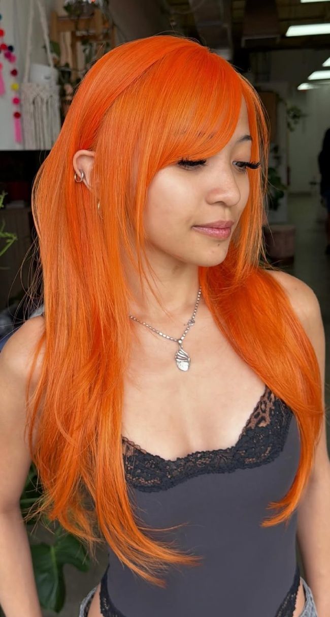 Electric Tangerine With Curtain Bangs Electric Tangerine With Curtain Bangs — Tangerine Hair
