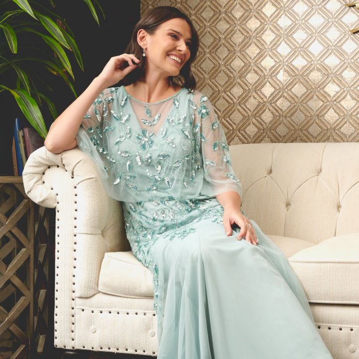 Light Blue Beaded Capelet Dress with V-Neck — Grandmother of the Bride Outfits