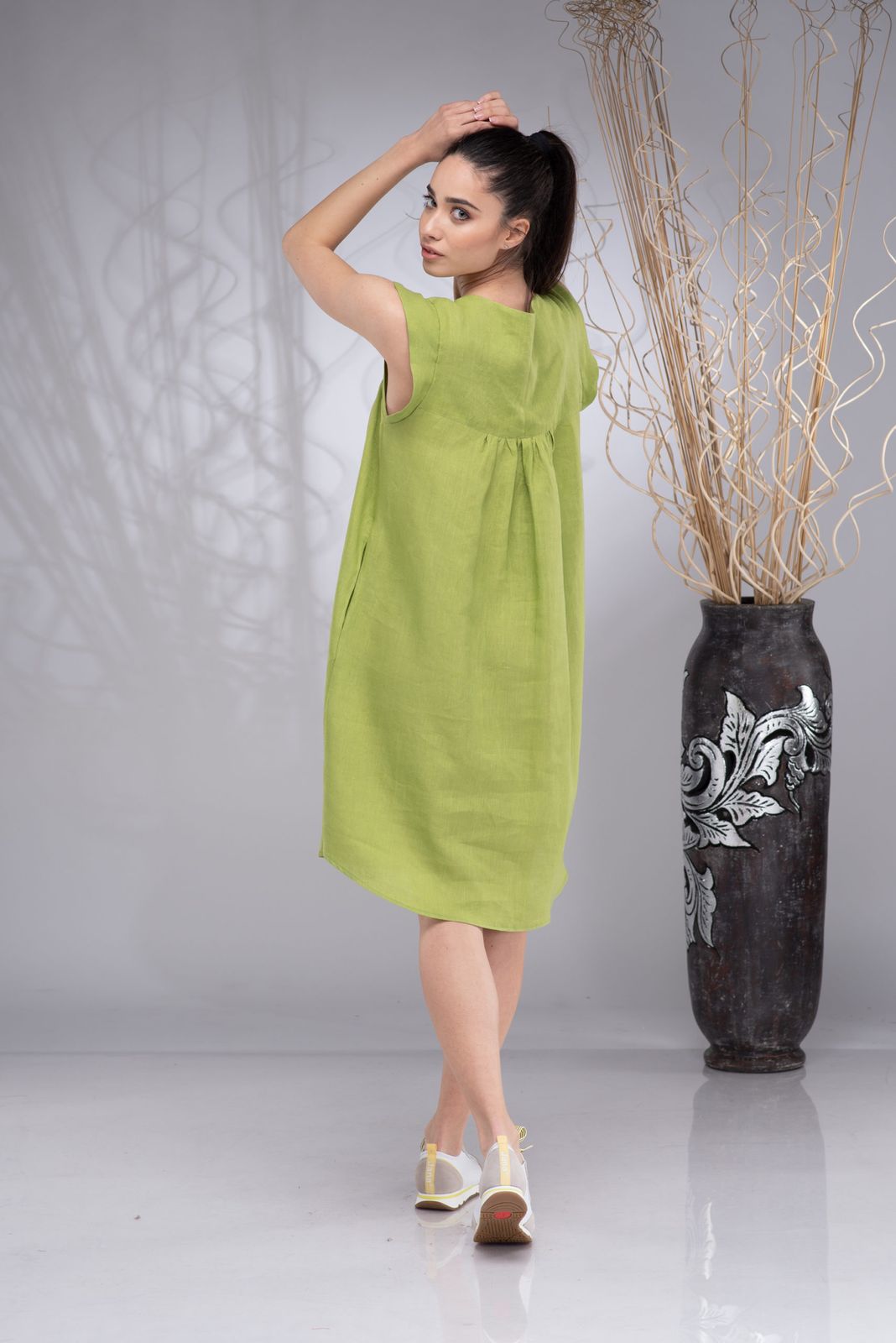 Lime Green Linen A-Line Dress for Casual Outings — Knee Length Dresses