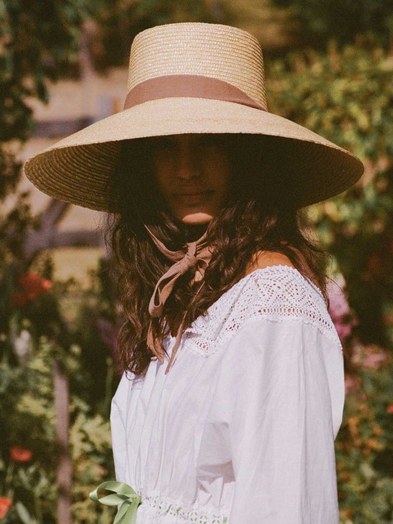 Straw Hat with Brown Ribbon and White Lace Blouse Straw Hat with Brown Ribbon and White Lace Blouse — Wide Brim Hat Outfits
