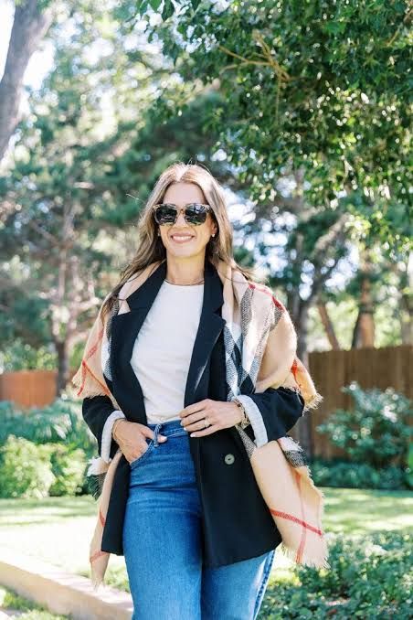 Black Blazer with Plaid Scarf and Blue Jeans for Transitional Weather Black Blazer with Plaid Scarf and Blue Jeans for Transitional Weather — Texas Outfits