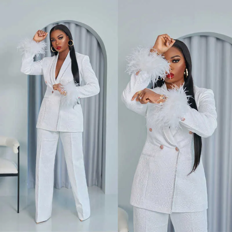 Chic White Textured Blazer Suit with Feather Trim Chic White Textured Blazer Suit with Feather Trim — Graduation Party Outfits