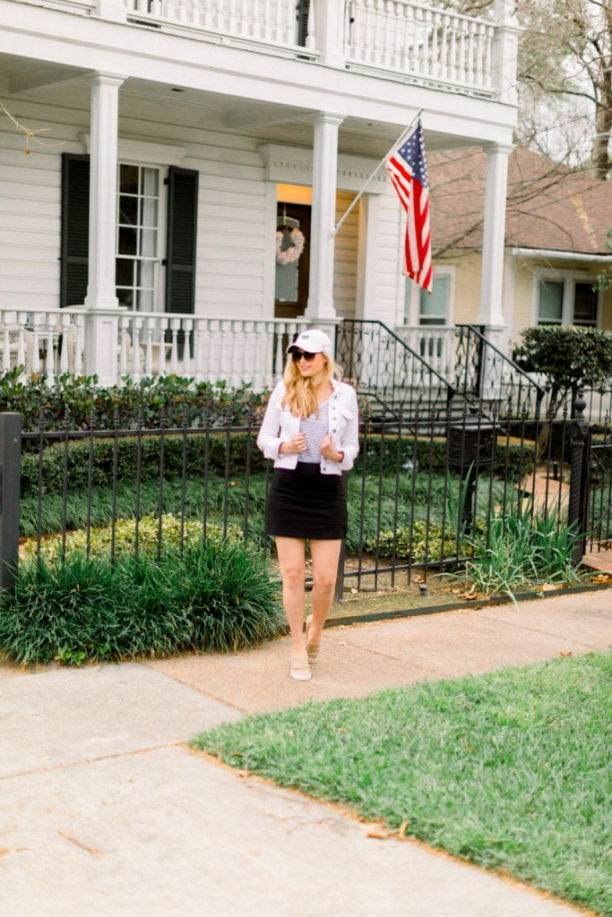 Puff-Sleeve Jacket Over Striped Tee and Black Skirt — Golf Tournament Outfits