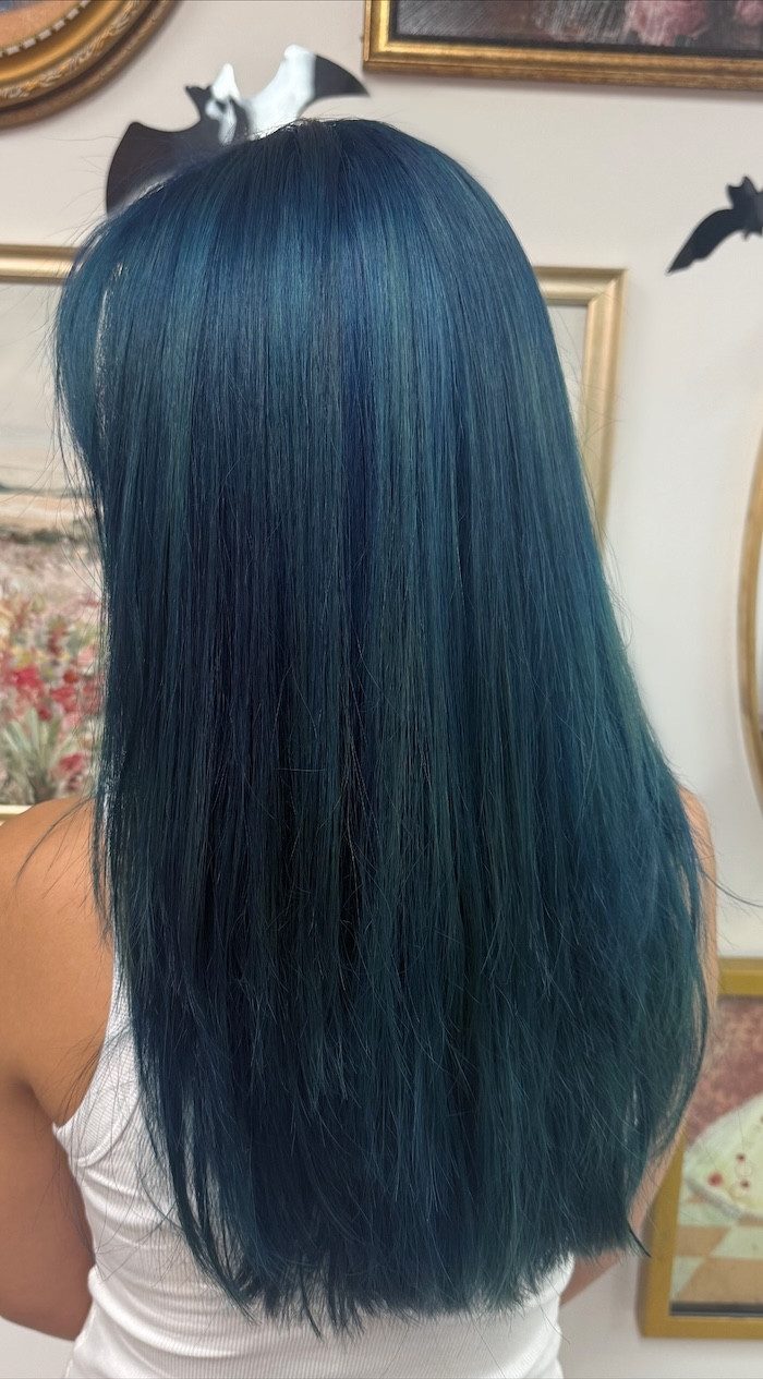 Long Layers Mid-Back Midnight Teal Blue Soft Waves — Dark Blue Hair