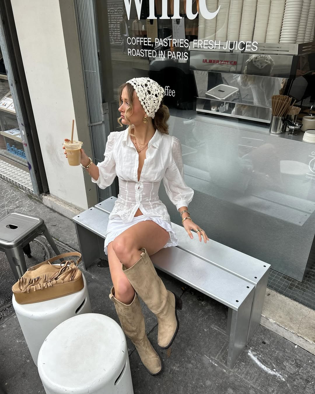 Elegant Casual: Crocheted Headscarf with Linen Shirt Dress — Headscarf Outfits