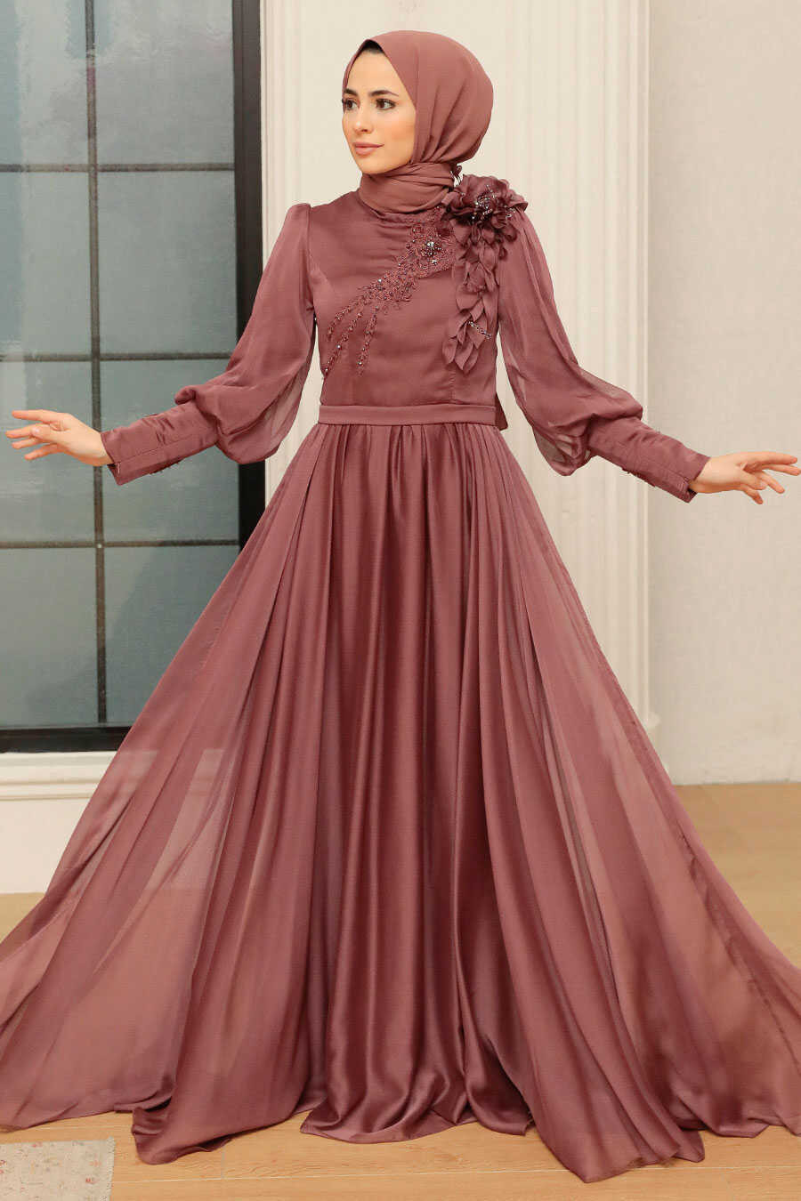 Mauve Satin Gown With Floral Bodice Applique — Formal Hijab Outfits