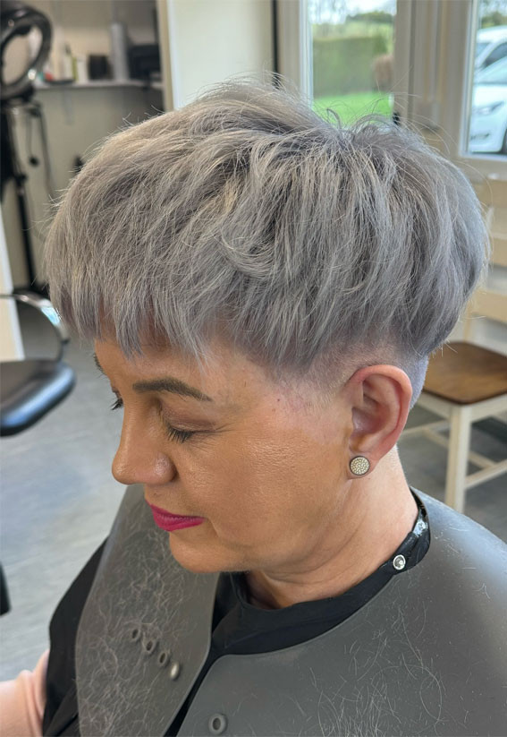 Ash Gray Pixie Bob With Blunt Fringe Ash Gray Pixie Bob With Blunt Fringe — Short Gray Haircuts