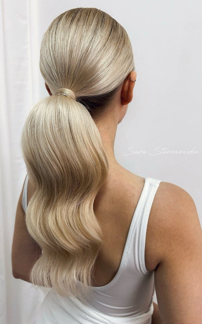 Ash Blonde Hollywood Waves Ponytail — Sleek Low Ponytail
