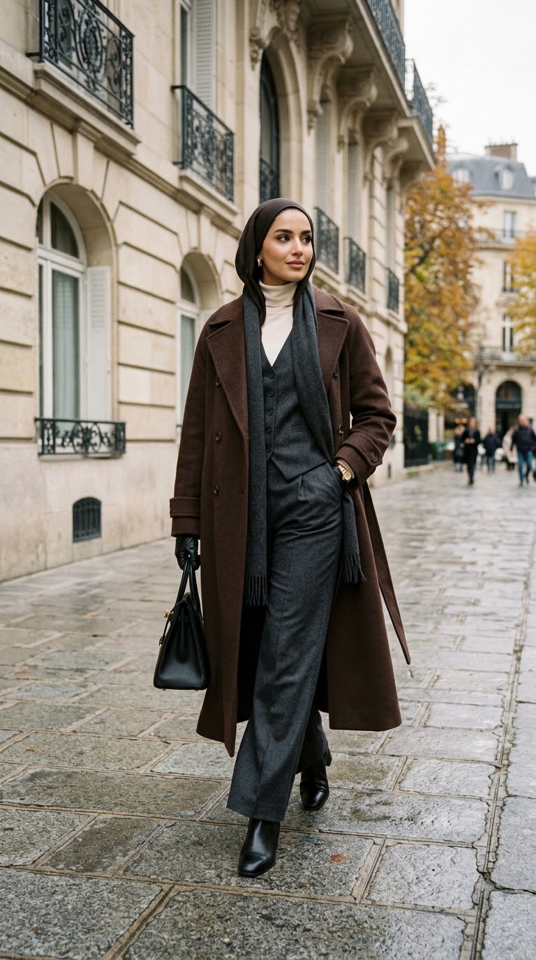Long Wool Coat Over Layered Neutrals with Hijab — Dark Feminine Outfits
