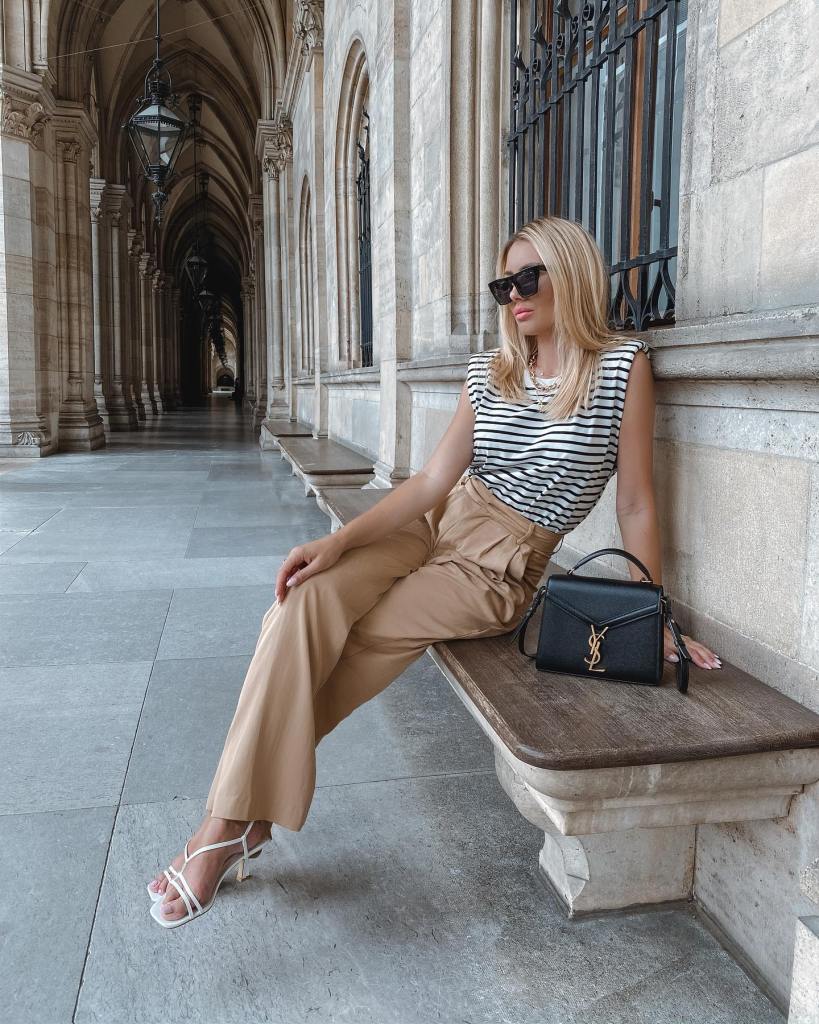 Elegant Tan Wide Leg Trousers with Striped Top — Wide Leg Pants Outfits