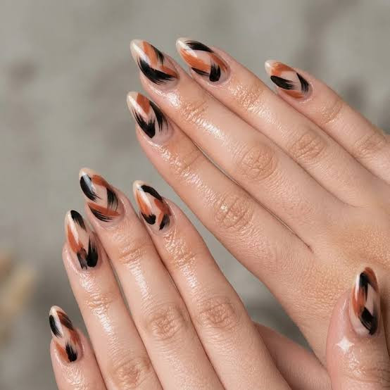 Abstract Black and Orange Brush Strokes Abstract Black and Orange Brush Strokes — Two Tone Nails