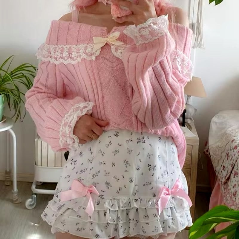 Casual Playful Pink Off-Shoulder Sweater with Floral Ruffled Skirt Casual Playful Pink Off-Shoulder Sweater with Floral Ruffled Skirt — Soft Girl Outfits