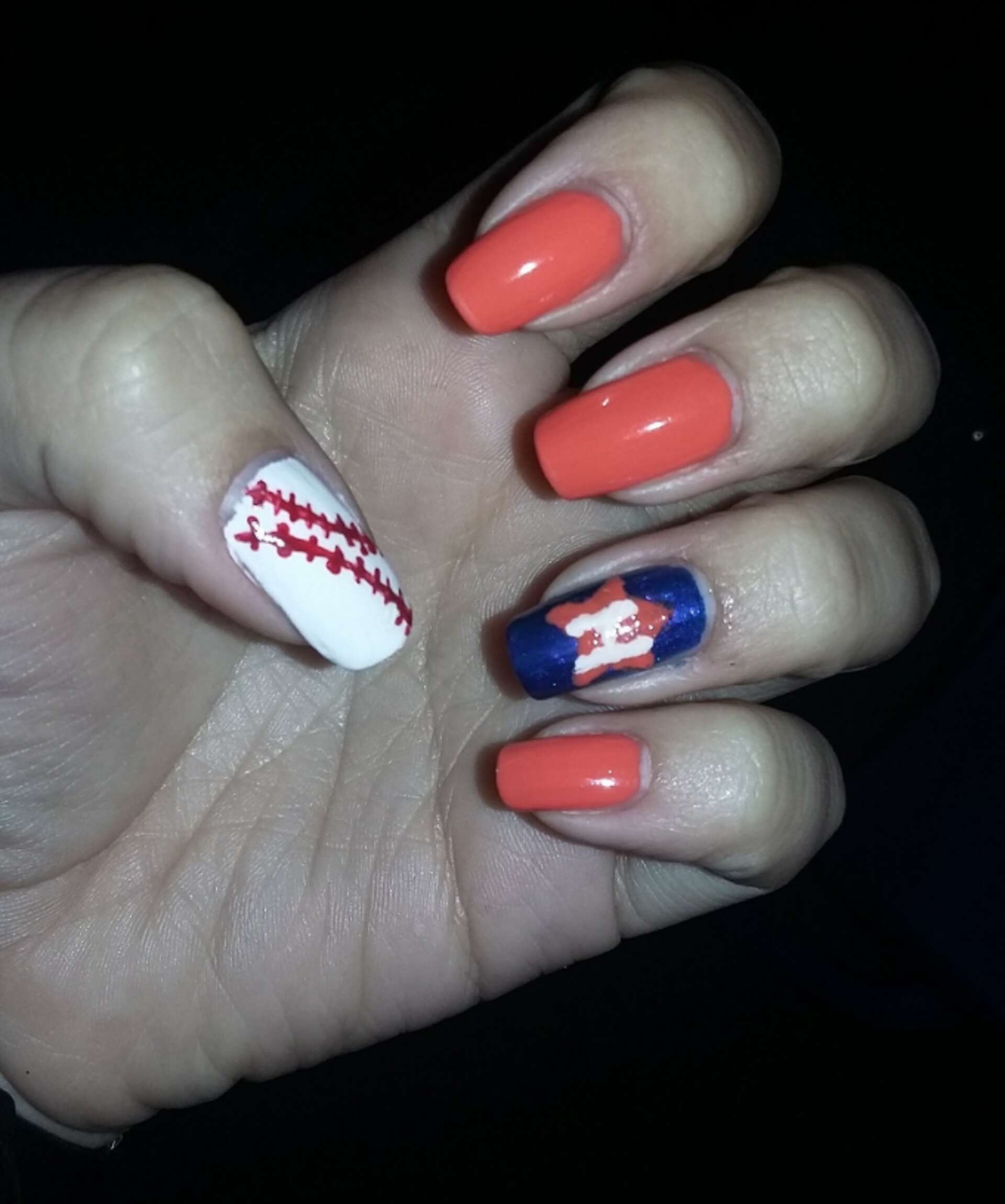 Medium Square Coral with Abstract Baseball Medium Square Coral with Abstract Baseball — Baseball Mom Nails