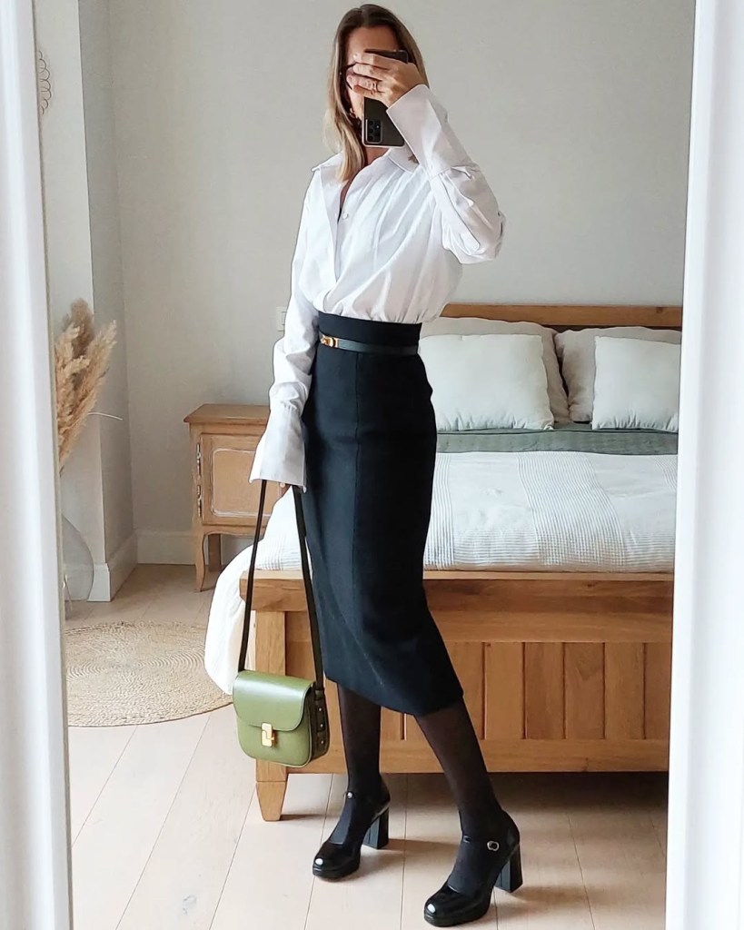 Black Pencil Skirt with Button-Down for Business Casual — Skirt Outfits