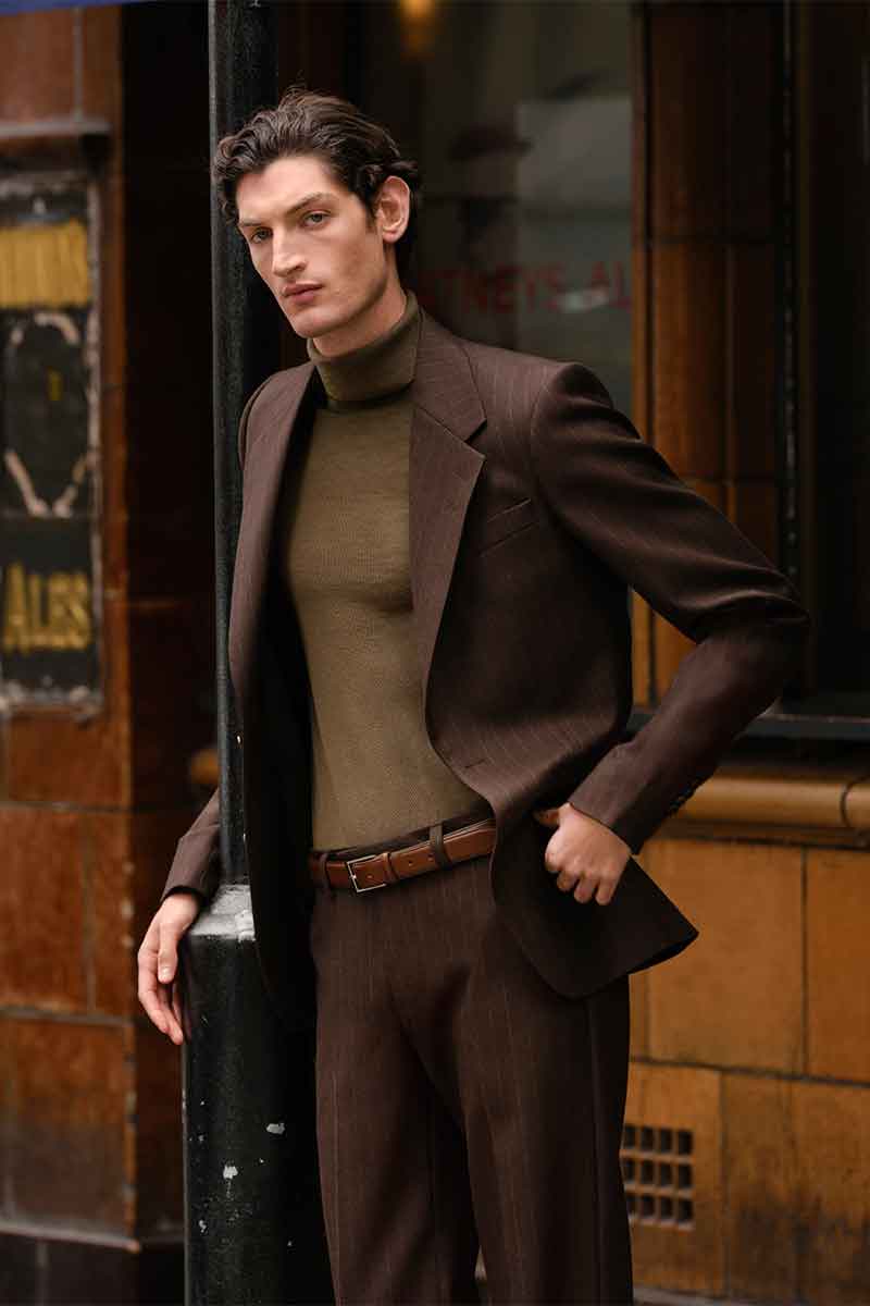 Pinstripe Suit Jacket with Turtleneck for Date Night Pinstripe Suit Jacket with Turtleneck for Date Night — Mens Date Night Outfits