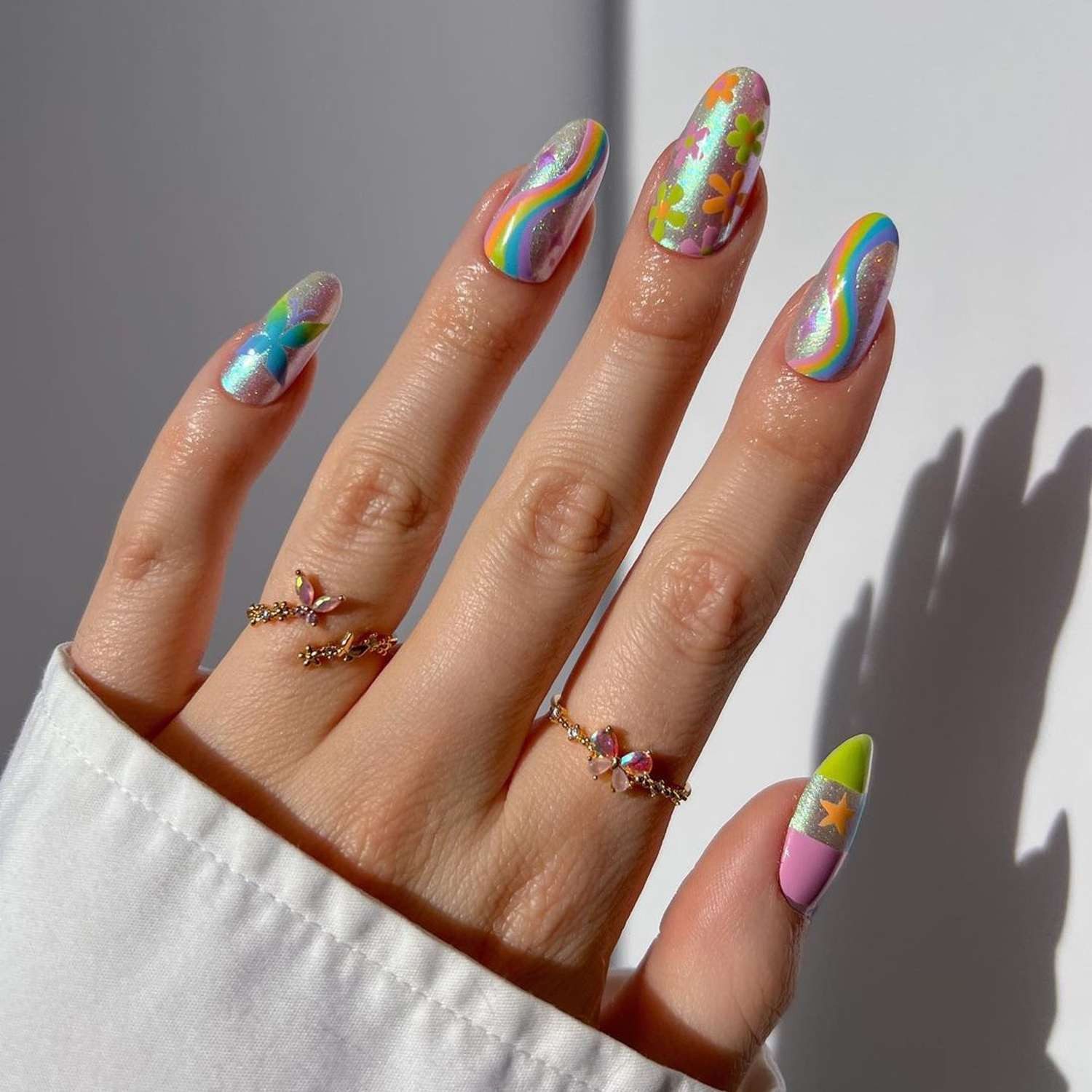 Iridescent Rainbow Swirl Oval Nails — Miami Nails