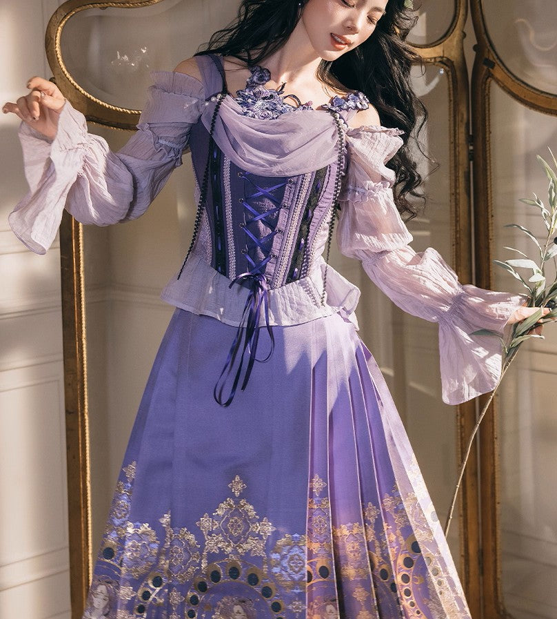 Purple Corset with Ruffled Sleeves and Ornate Gold Print Skirt — Princesscore Outfits