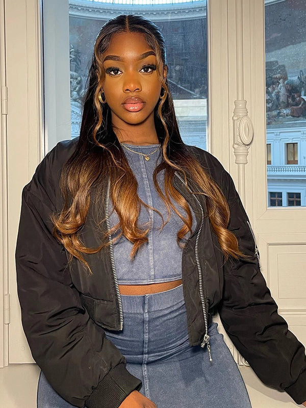 Caramel Highlights with Curtain Bangs Caramel Highlights with Curtain Bangs — Highlights on Black Women