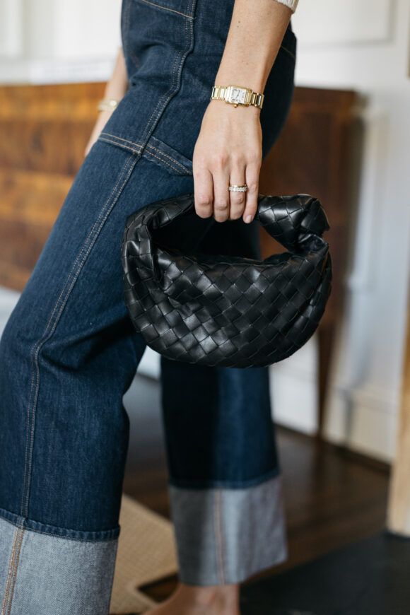 Textured Black Woven Bag with Wide-Leg Denim Textured Black Woven Bag with Wide-Leg Denim — Bottega Veneta Bag Outfits