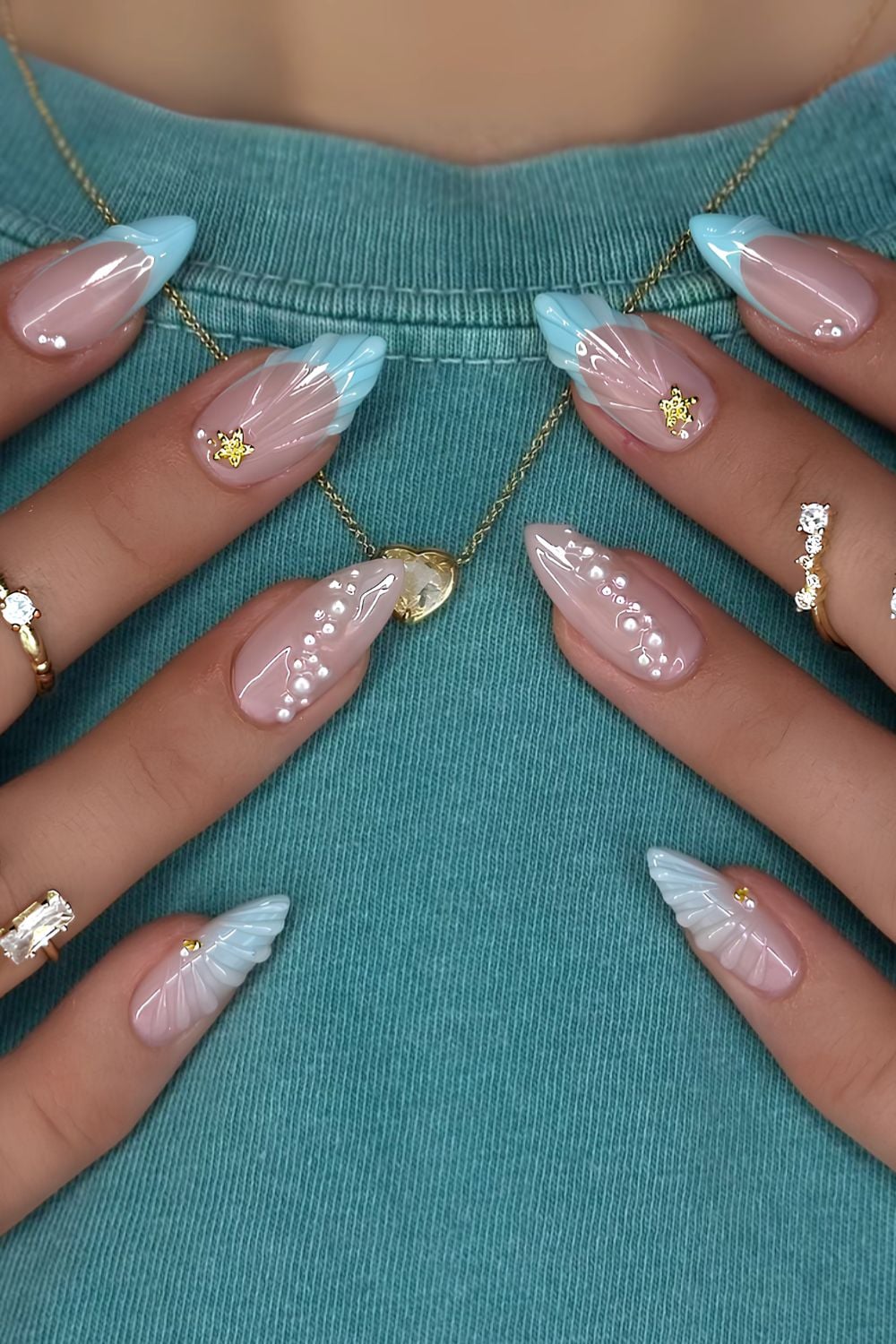 Sheer Nude with Blue French Tips and Pearls — Girls Trip Nails