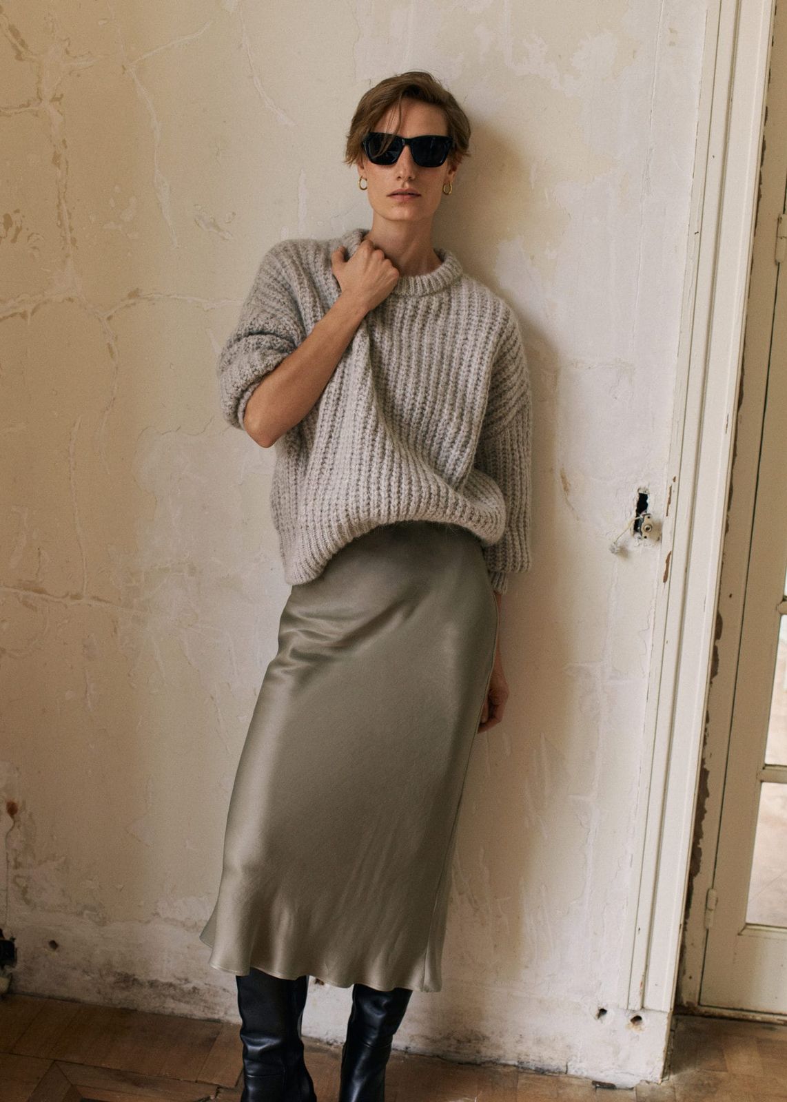 Olive Green Slip Skirt with an Oversized Knit Sweater — Slip Skirt Outfits