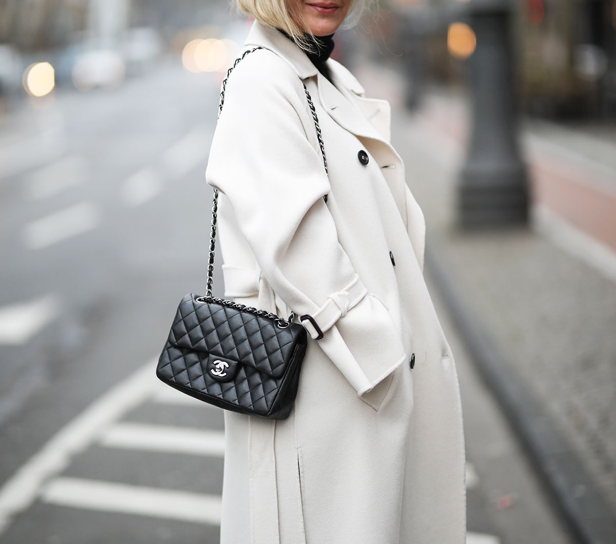 Iconic Quilted Black Handbag with Wool Coat — Designer Bags