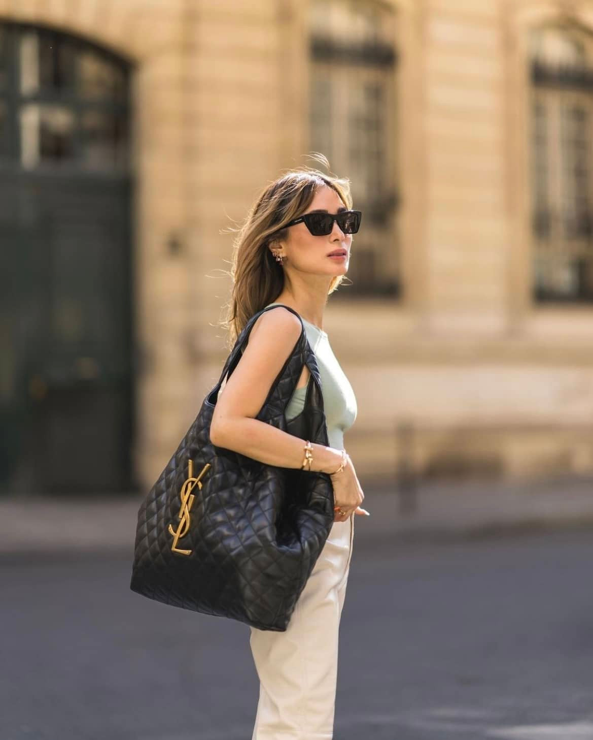 Chic Daytime: Large YSL Tote with Sleeveless Top and White Trousers — YSL Bag Outfits