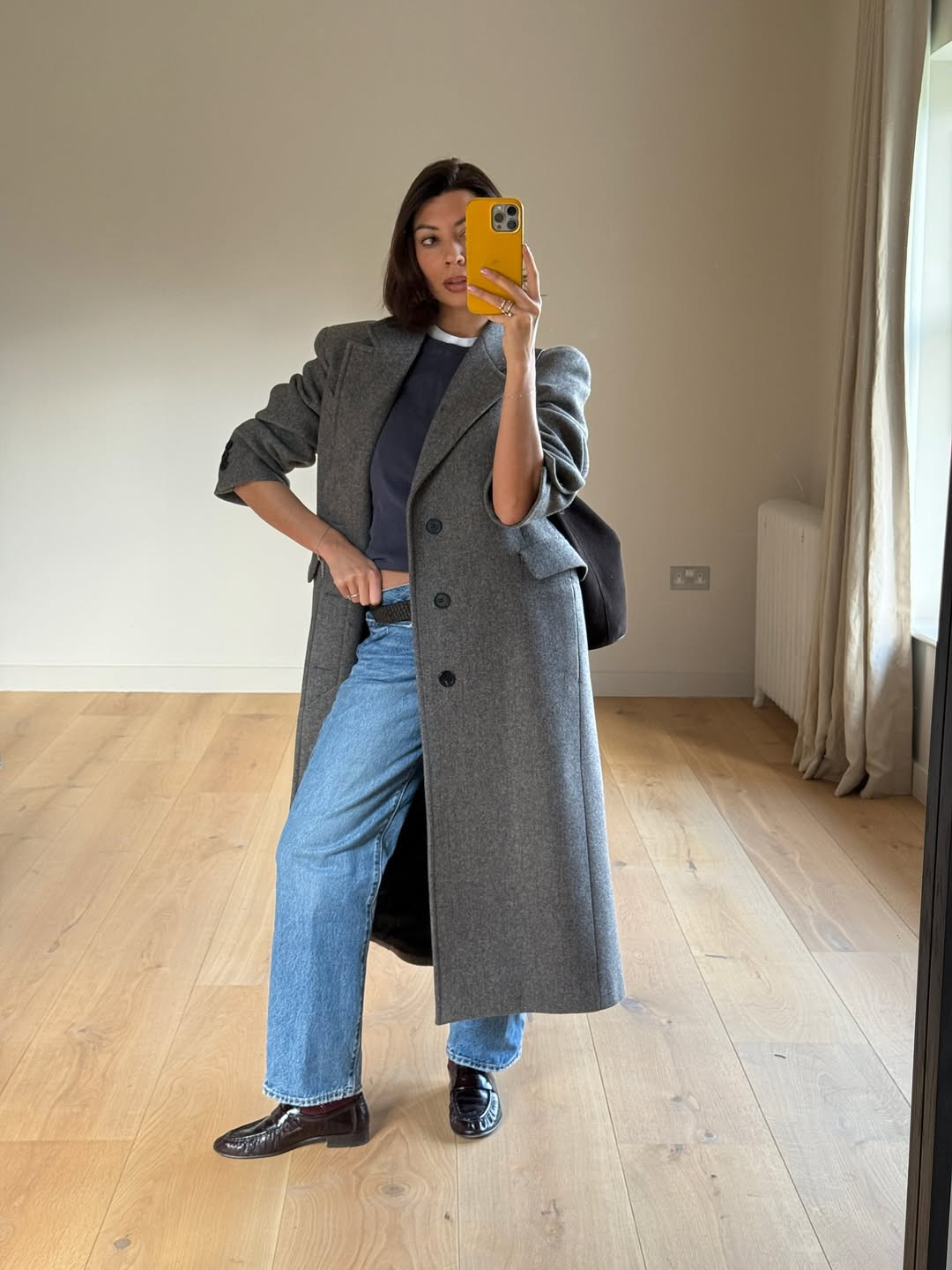 Navy T-Shirt Grey Oversized Coat Smart Casual Foundation: Black Loafers with Wide-Leg Jeans and a Grey Coat — Loafers with Je