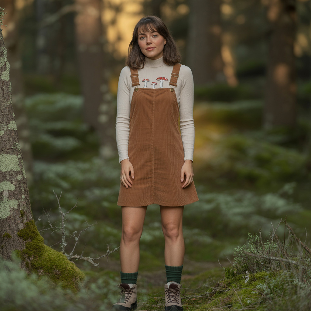 Corduroy Pinafore Dress with Mushroom Print Top Corduroy Pinafore Dress with Mushroom Print Top — Grandmacore Outfits